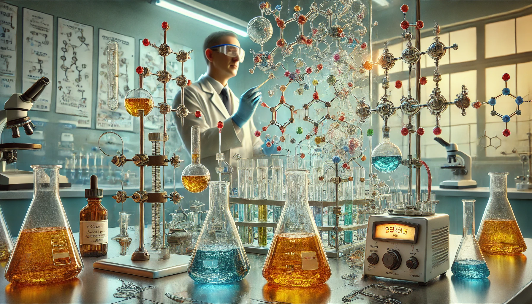 detailed digital-painting of a scientist conducting organic synthesis